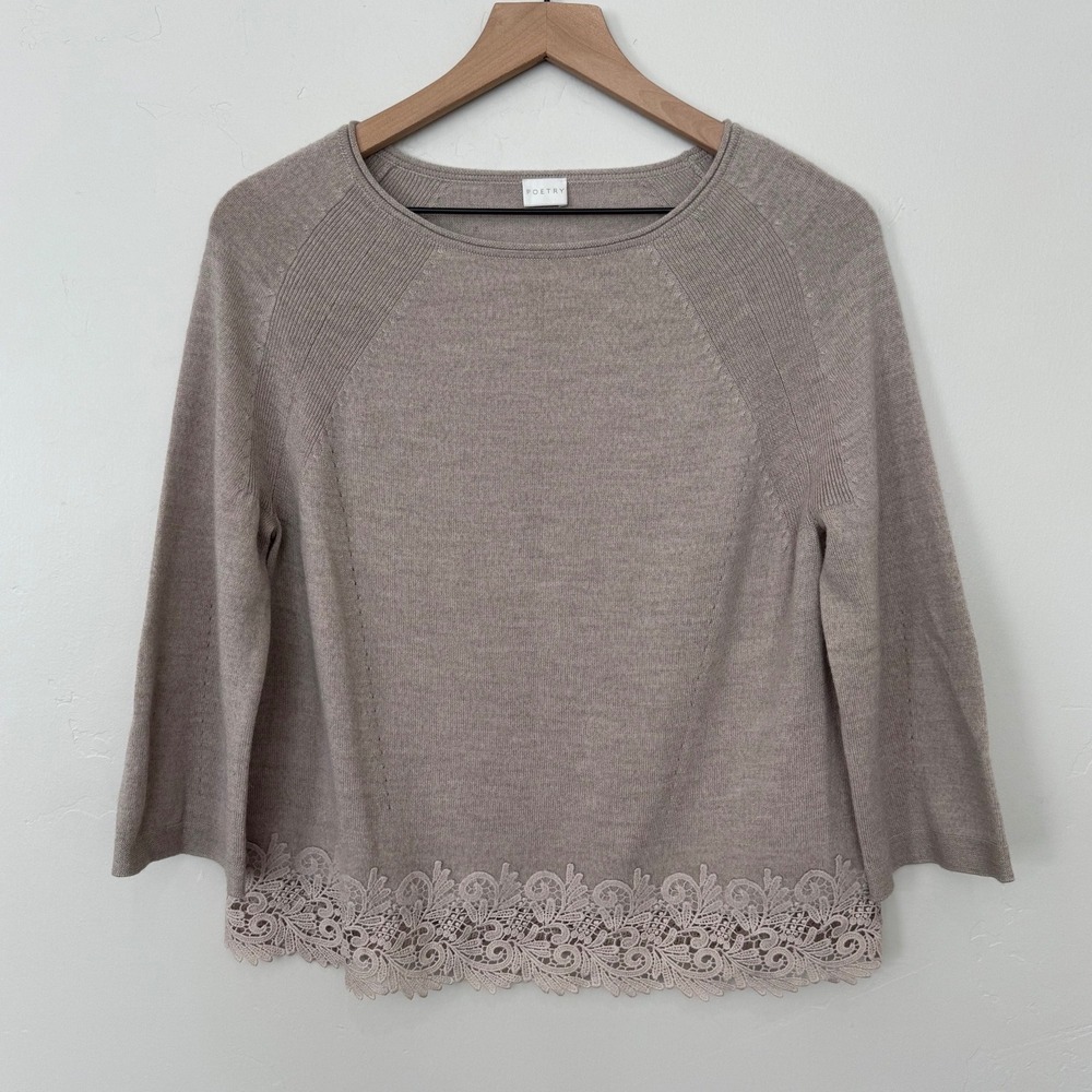Poetry Wool Lace Trim Sweater Taupe Beige 3/4 Sleeve Knit Size 6 Cottagecore